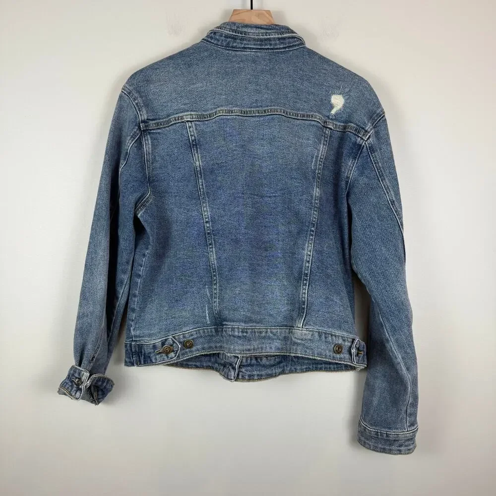 Ella Moss Denim Trucker Jacket Women Large Blue Distressed Button‎ Front Western